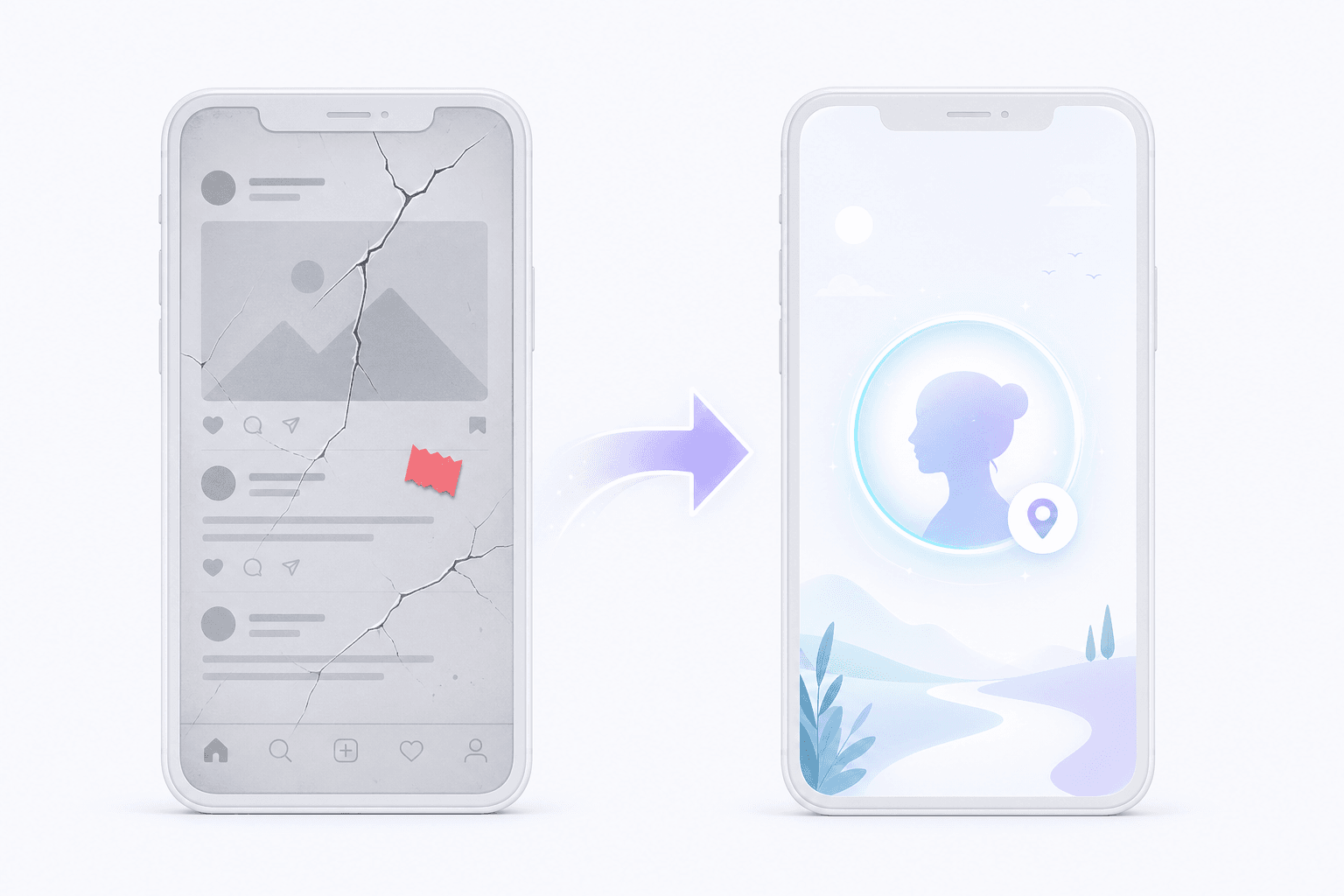 Two phones side by side: a cracked rented social-feed screen on the left and a clean owned portal home page on the right.