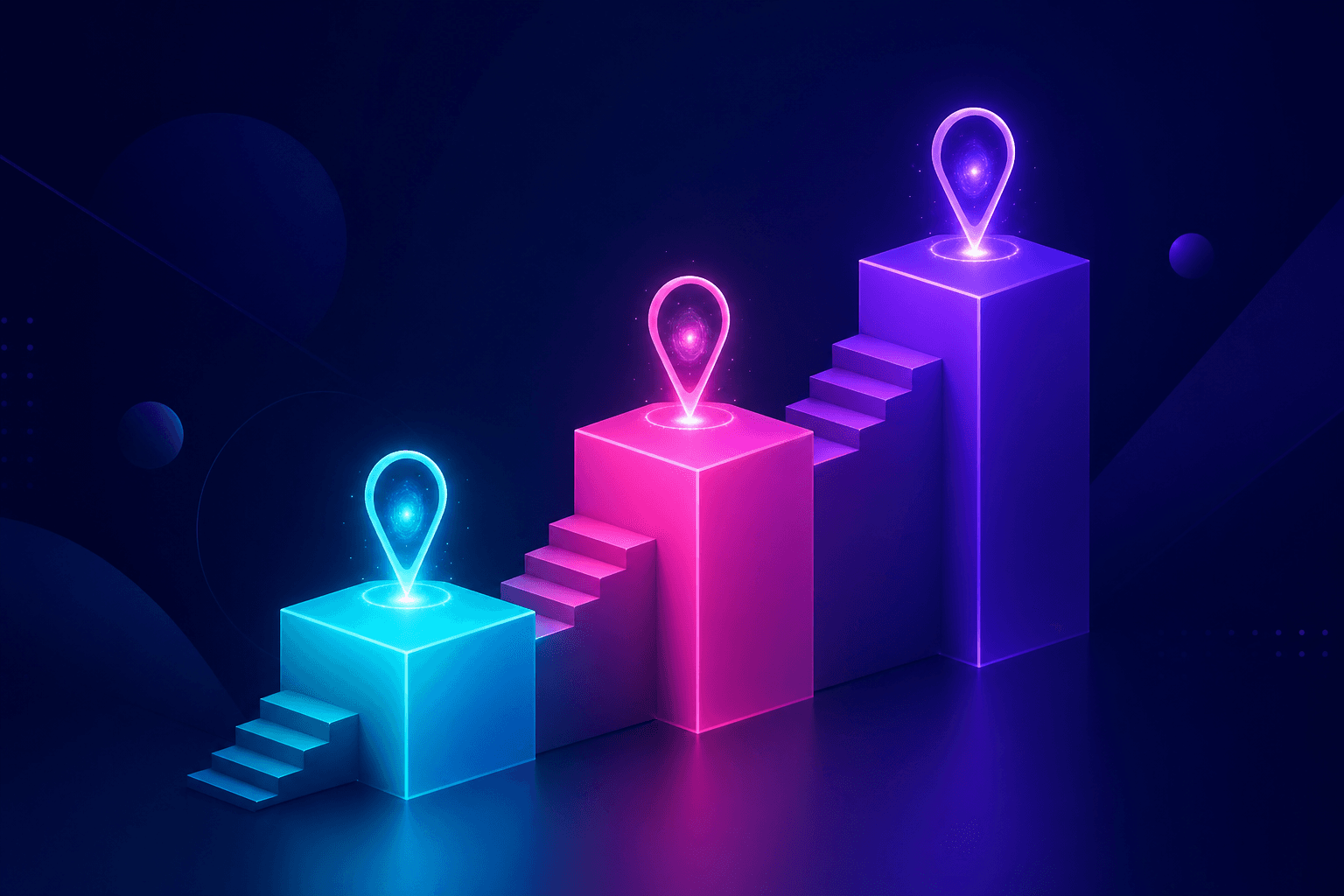 An ascending staircase of three glowing bid bars in cyan, magenta and violet, each topped with a portal pin.