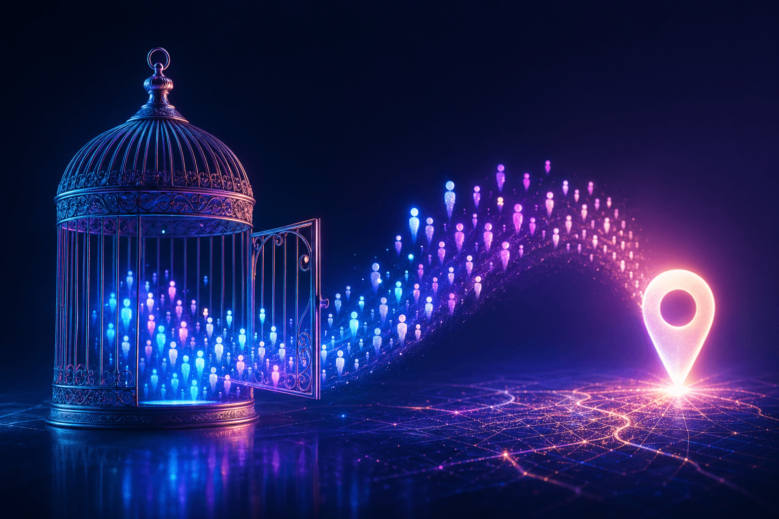An open birdcage with luminous followers streaming out toward a glowing map-pin anchor.