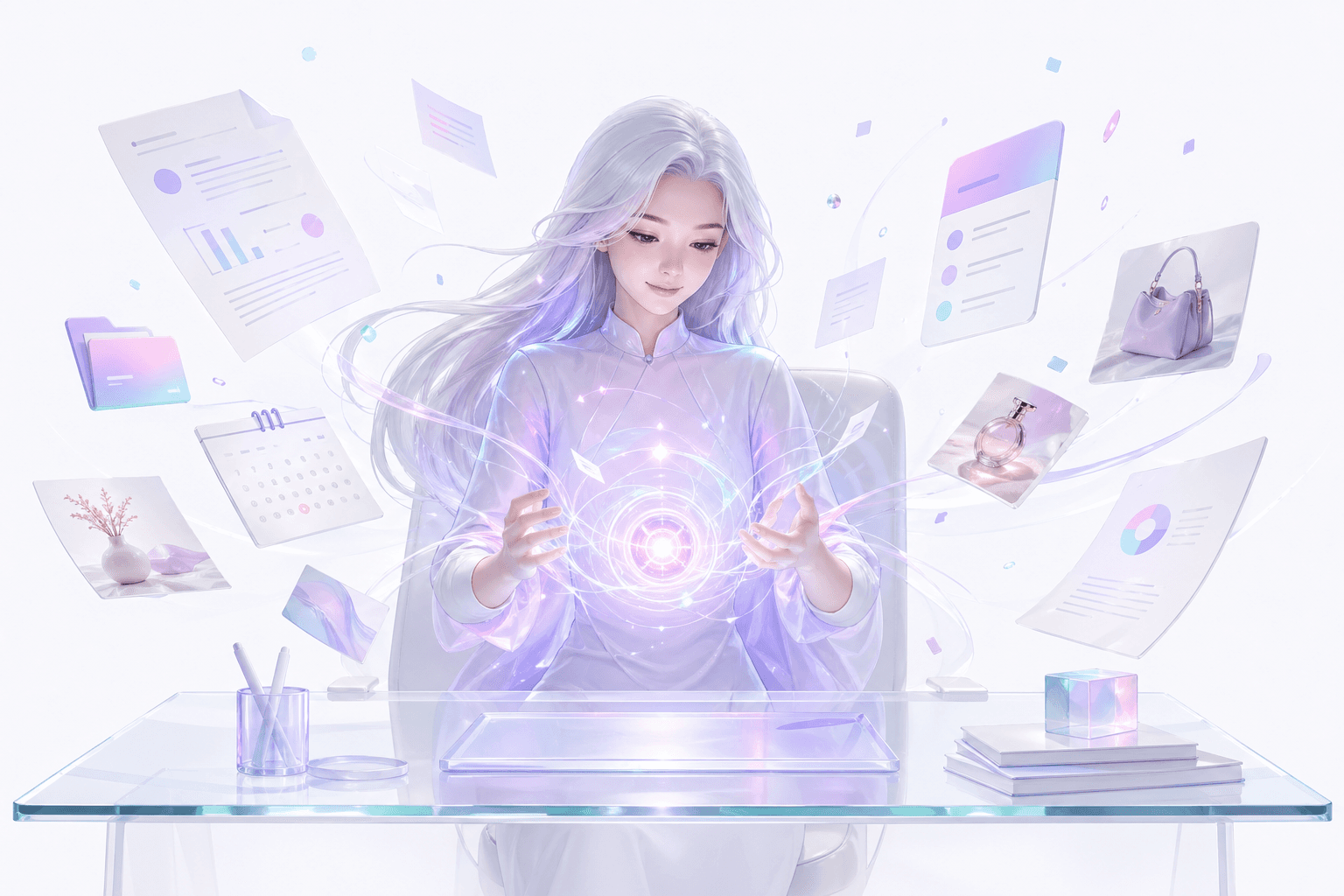 GIGI, an AI agent at her desk surrounded by floating documents, calendar cards and product photos being absorbed into a glowing core.