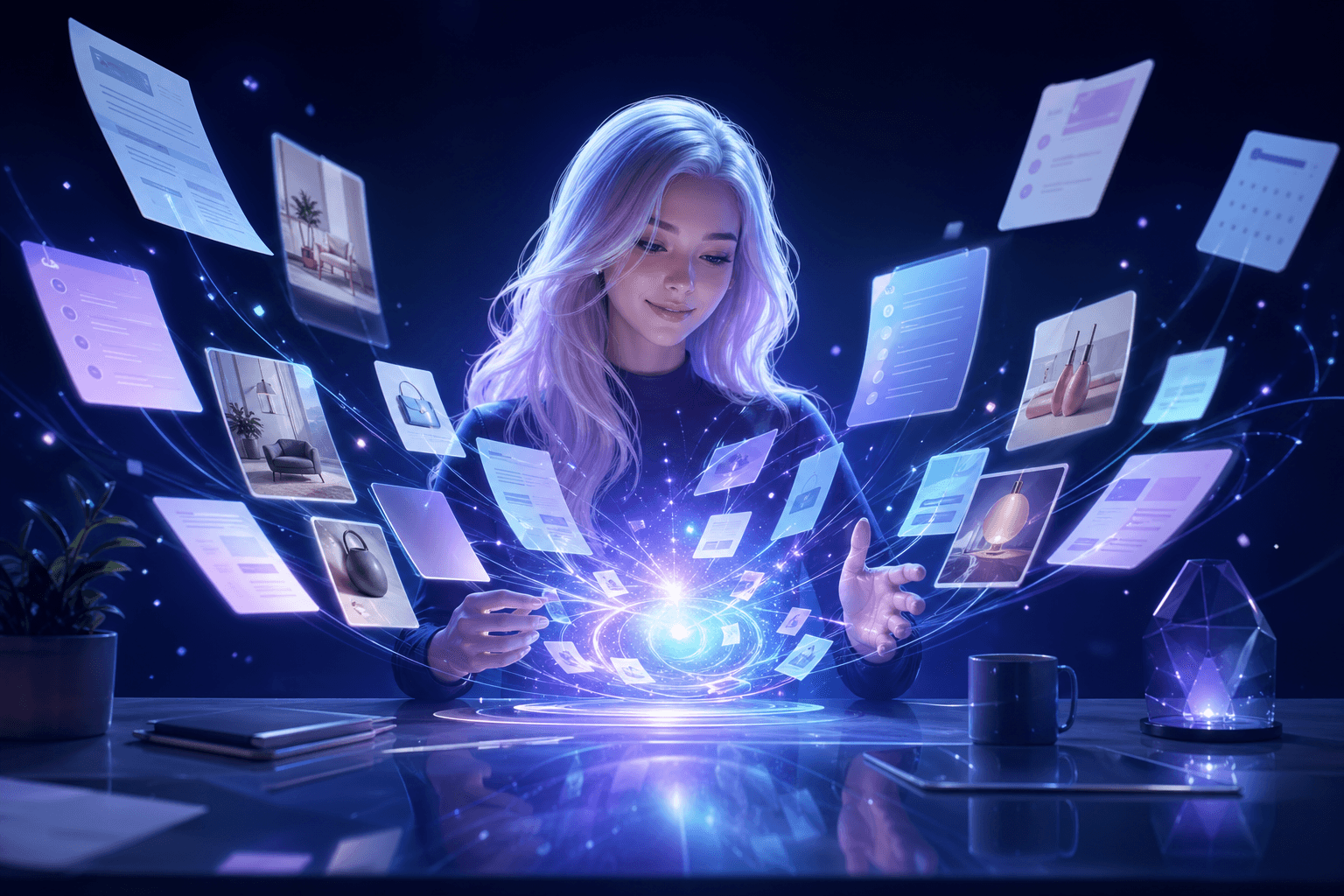 GIGI, an AI agent at her desk surrounded by floating documents, calendar cards and product photos being absorbed into a glowing core.