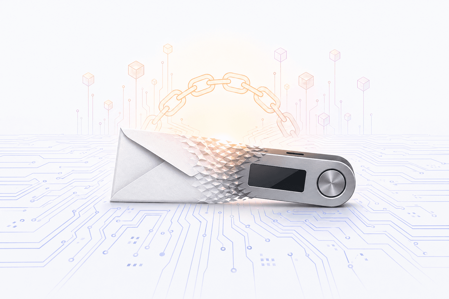 A paper envelope morphing into a sleek hardware wallet device on a circuit-board horizon with a blockchain link motif.