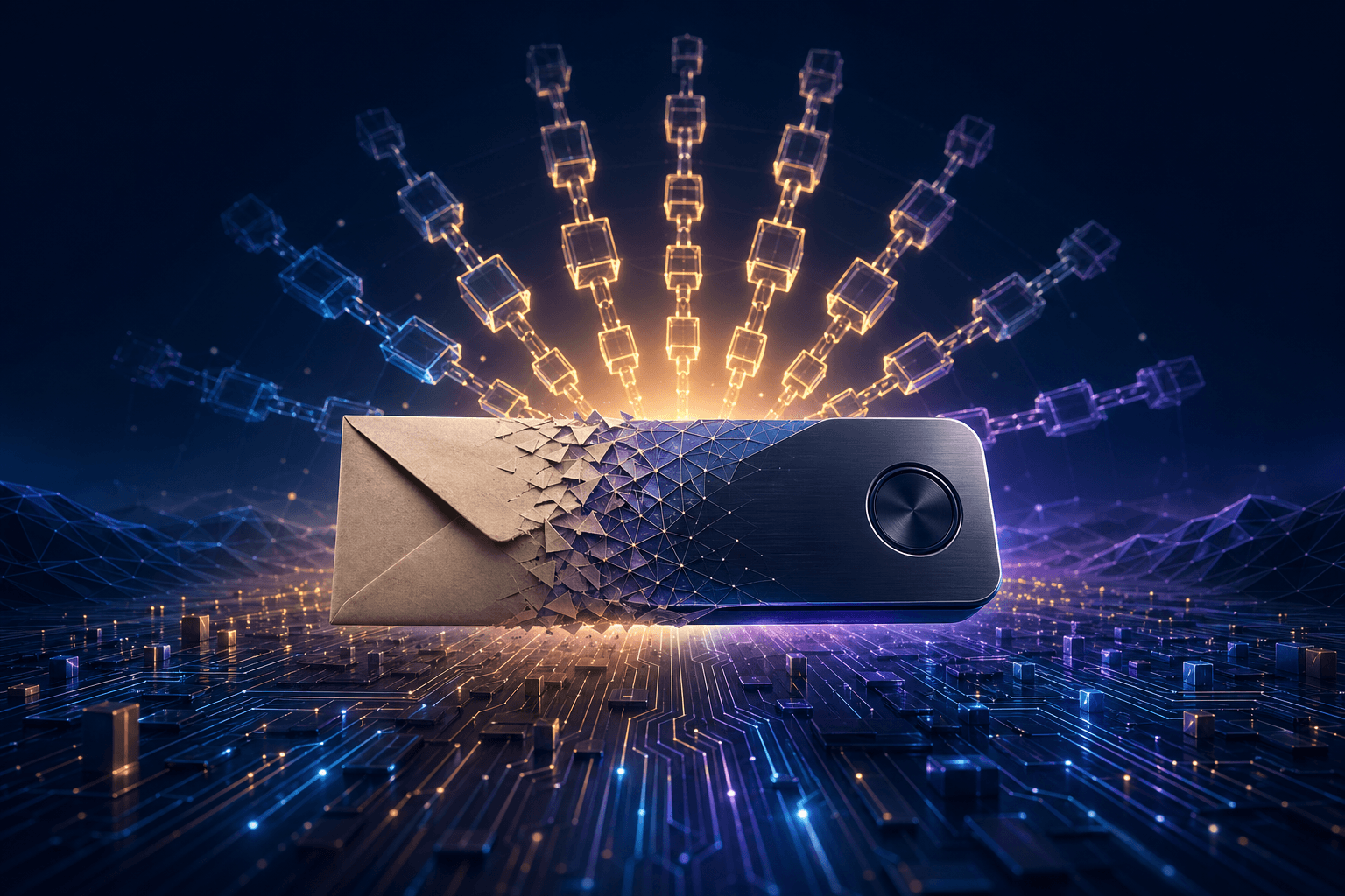A paper envelope morphing into a sleek hardware wallet device on a circuit-board horizon with a blockchain link motif.