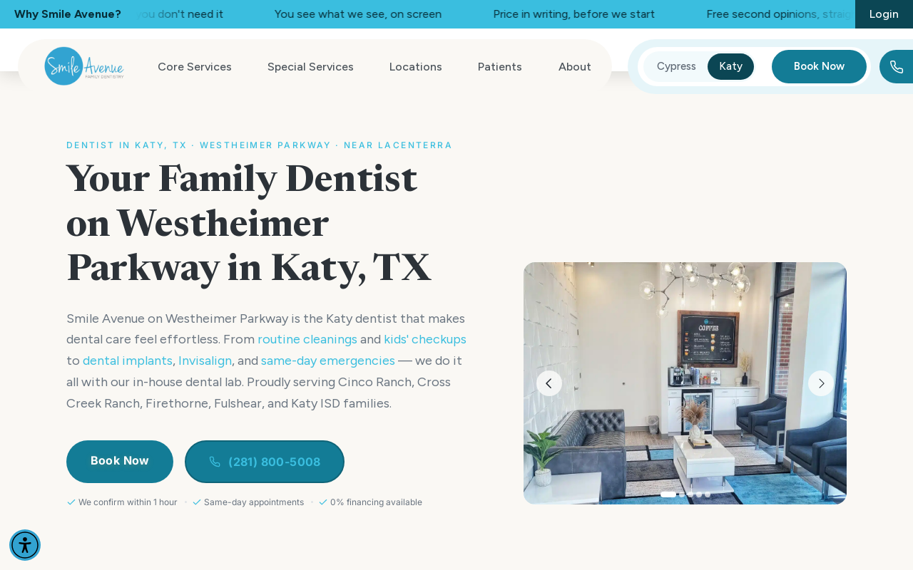 Smile Avenue Family Dentistry of Katy — screenshot of their official website