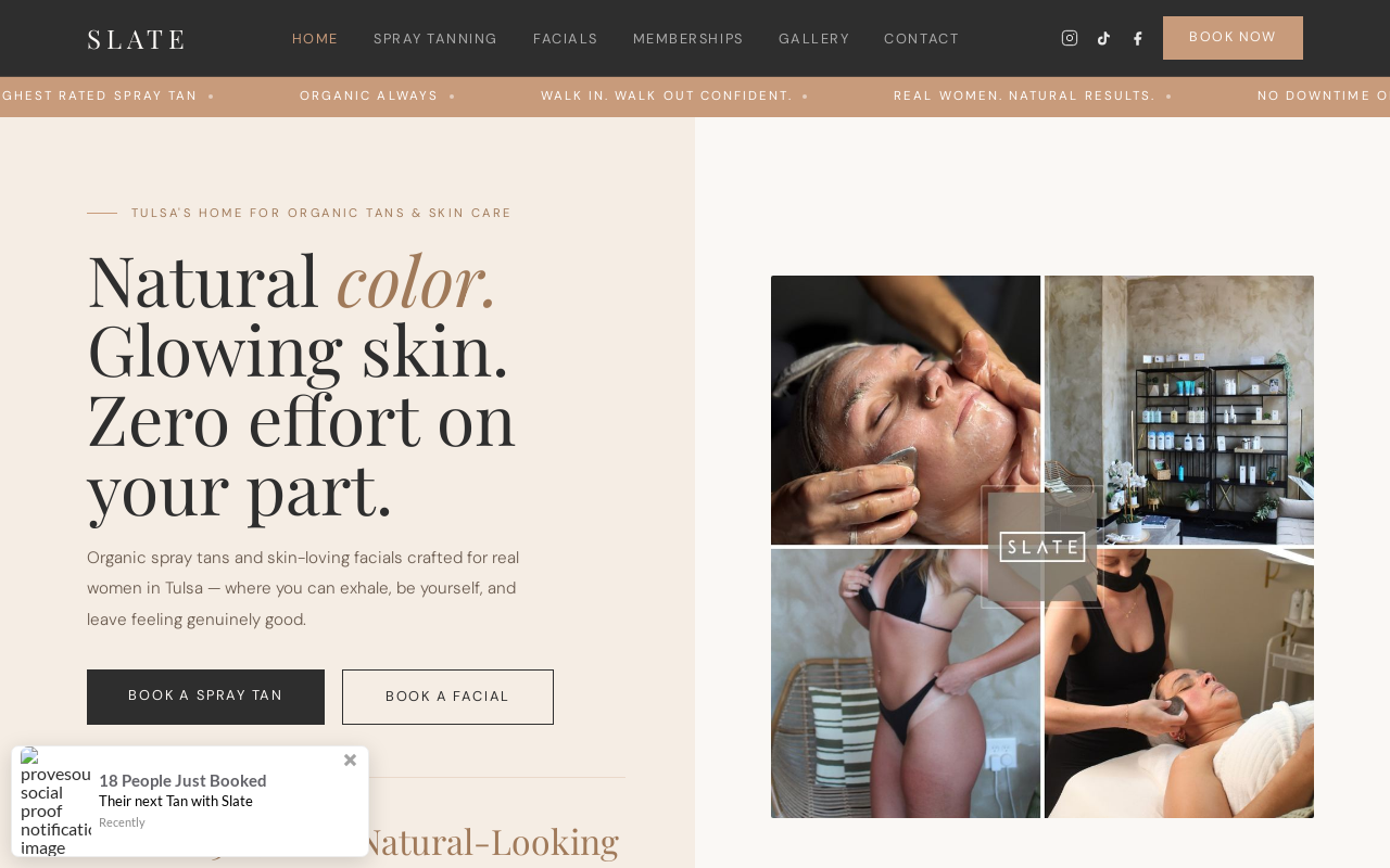Slate Organic Spray Tans & Facials — screenshot of their official website