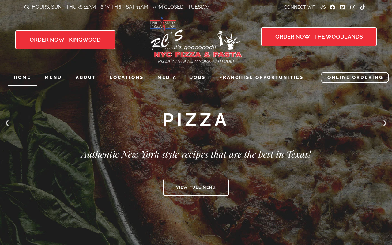 RC's NYC Pizza & Pasta — screenshot of their official website