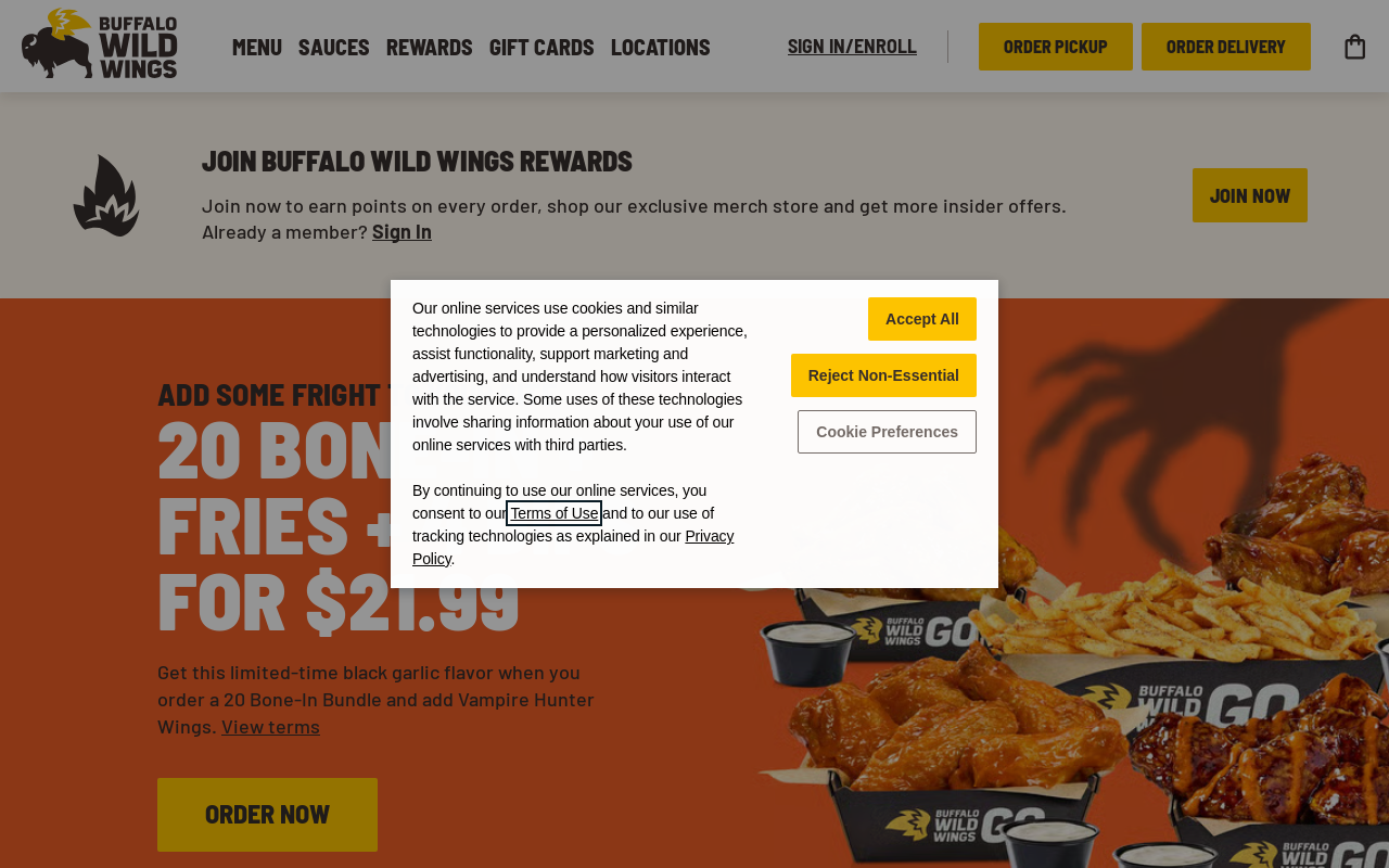 Buffalo Wild Wings — screenshot of their official website