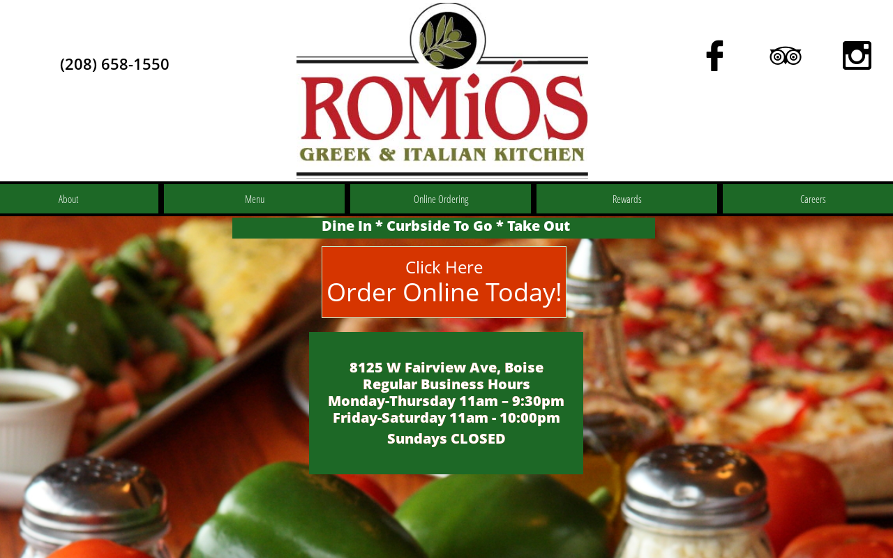 Romio's Greek & Italian Restaurant — screenshot of their official website