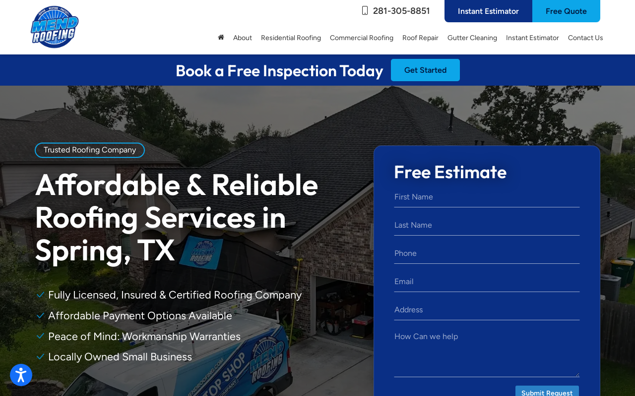 Mend Roofing — screenshot of their official website