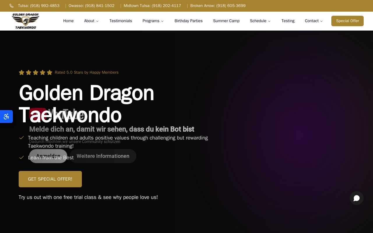 Golden Dragon Taekwondo — screenshot of their official website
