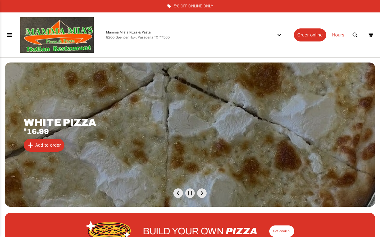 Mamma Mia's Pizza & Pasta — screenshot of their official website