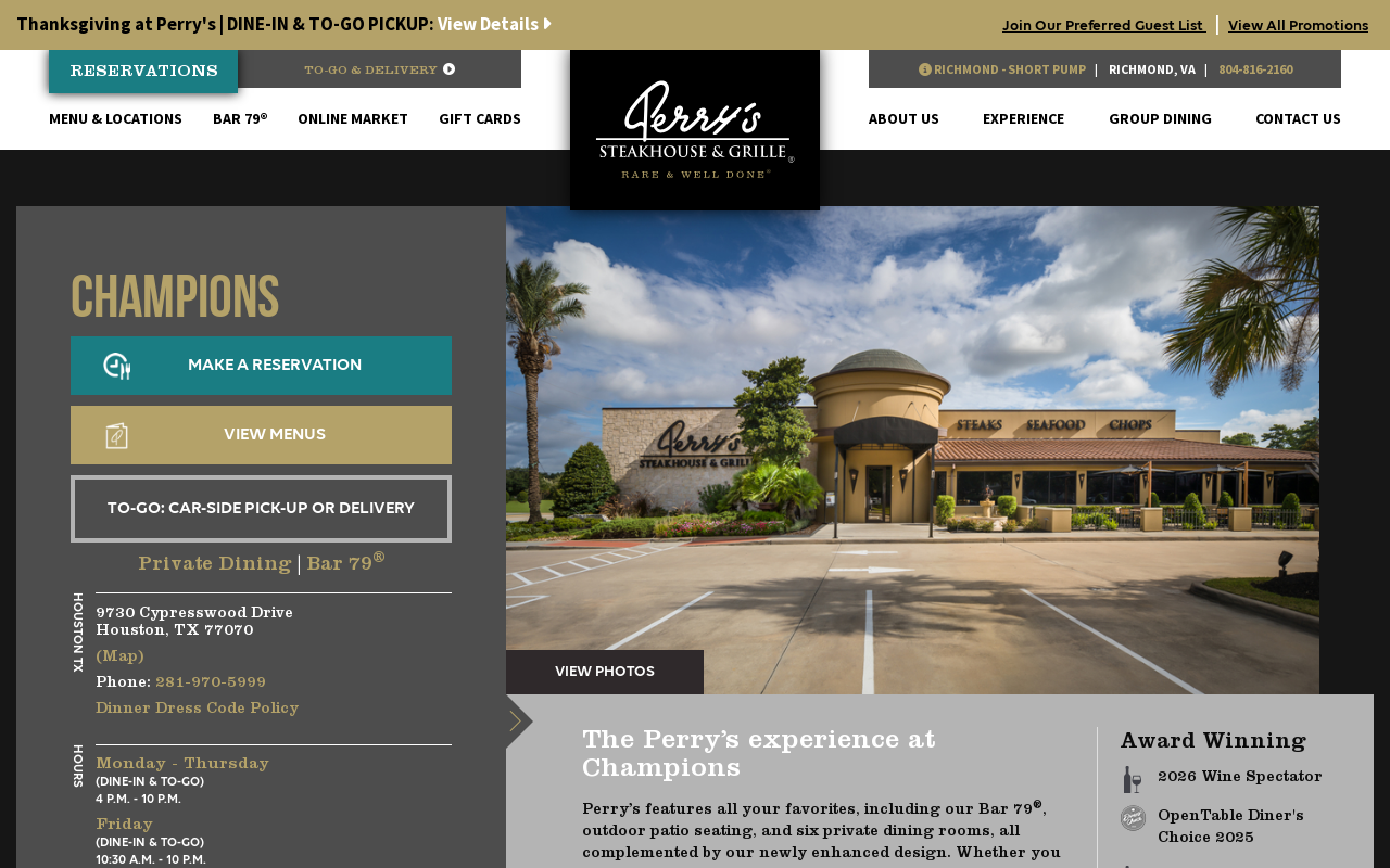 Perry's Steakhouse & Grille — screenshot of their official website